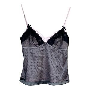 EDIKTED Pink Black Sheer Lace Swiss Dot Cami Top Small Y2K Satin McBling New NWT